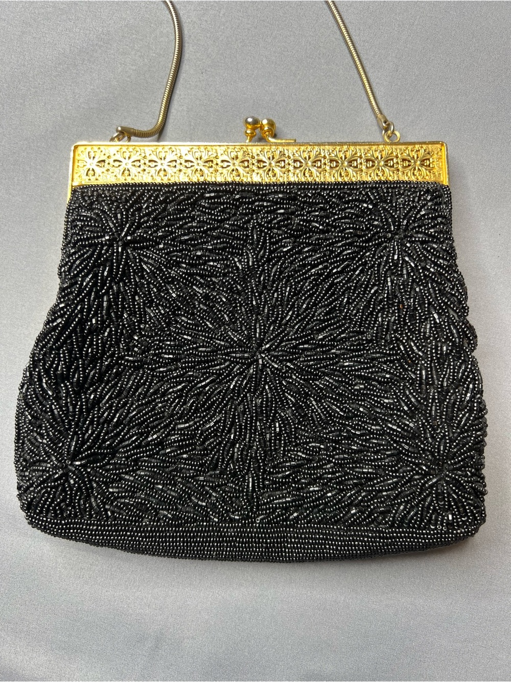 Vintage Black Beaded Evening Bag Gold Frame Wedding Clutch - Picture 7 of 10